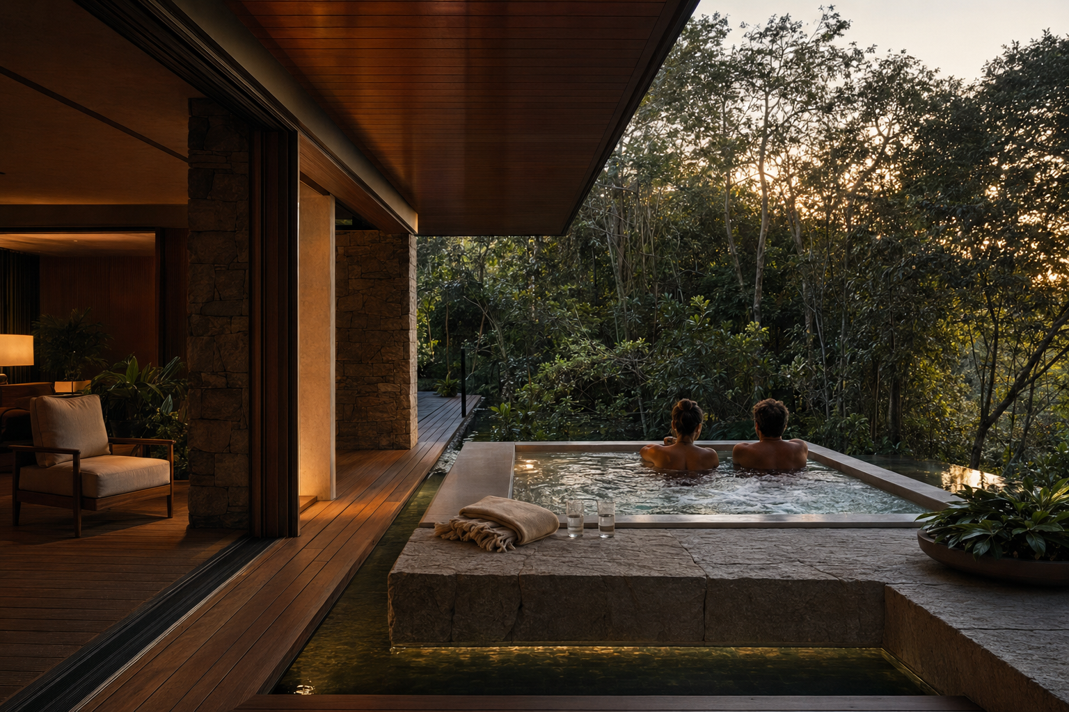 Piscina, sauna e spa integrados em projeto de arquitetura